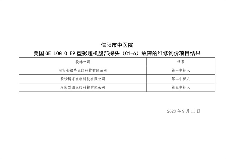 信陽市中醫(yī)院美國 GE LOGIQ E9型彩超機腹部探頭（C1-6）故障的維修詢價項目結(jié)果